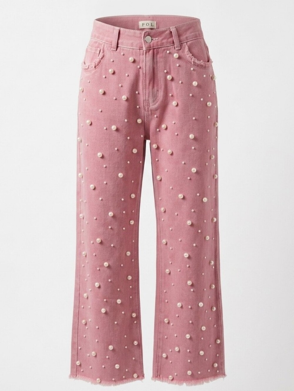 POL Pink Pearl Embellished Jeans Women's Sz.S Frayed Raw Edges Cottagecore Artsy
